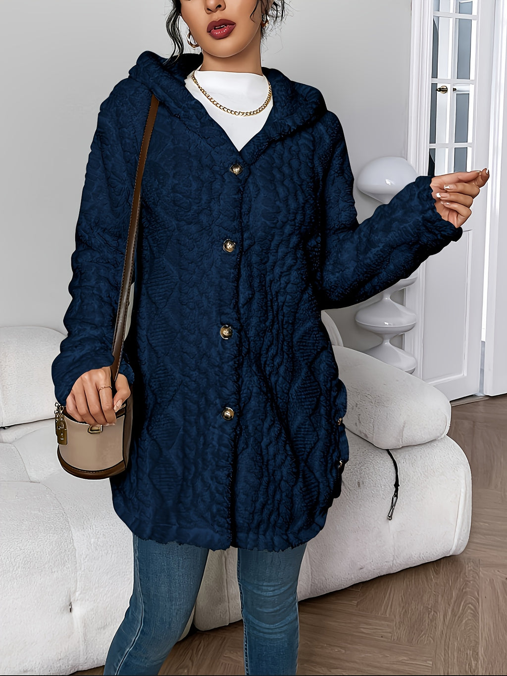 Hooded Fuzzy Coat Women Mid-Length Jacket with Buttons Soft Warm Fleece Fall Winter Outerwear 5 Colors S-XXL