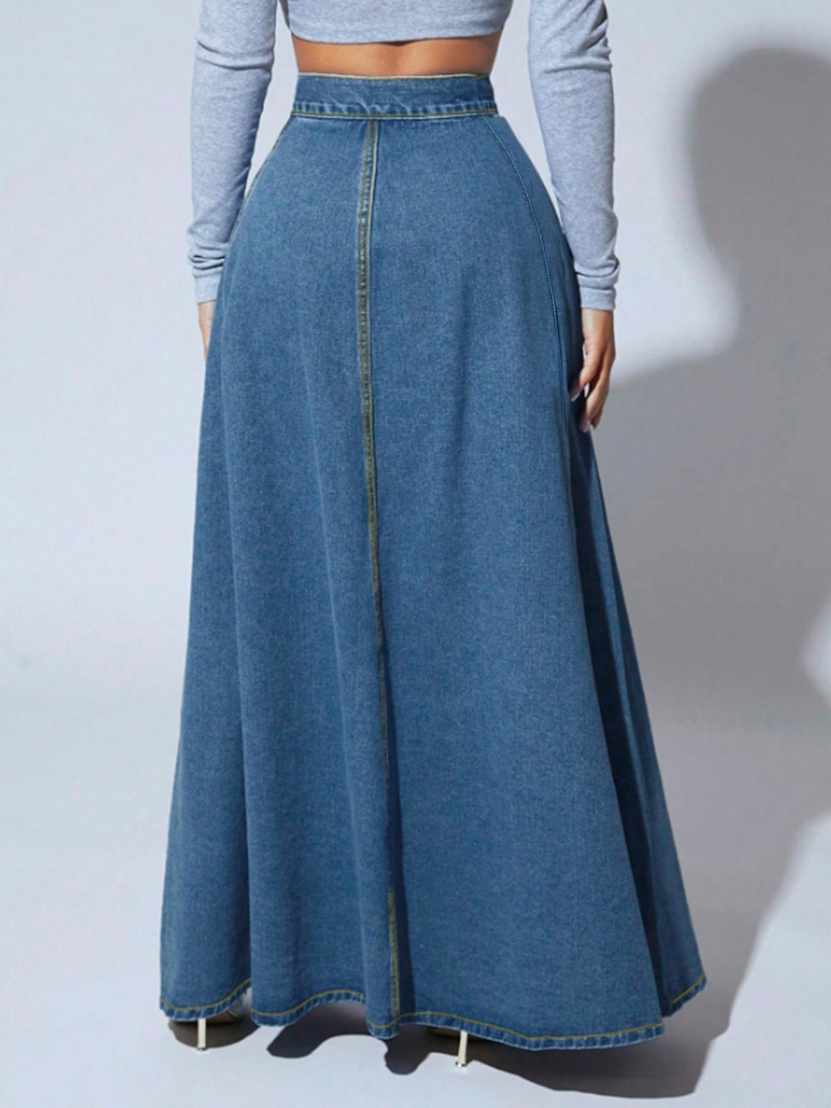 Floral Embroidered Denim Maxi Skirt Women Button Closure Long Jean Skirt Casual Formal All Season Solid Color High Quality 2025