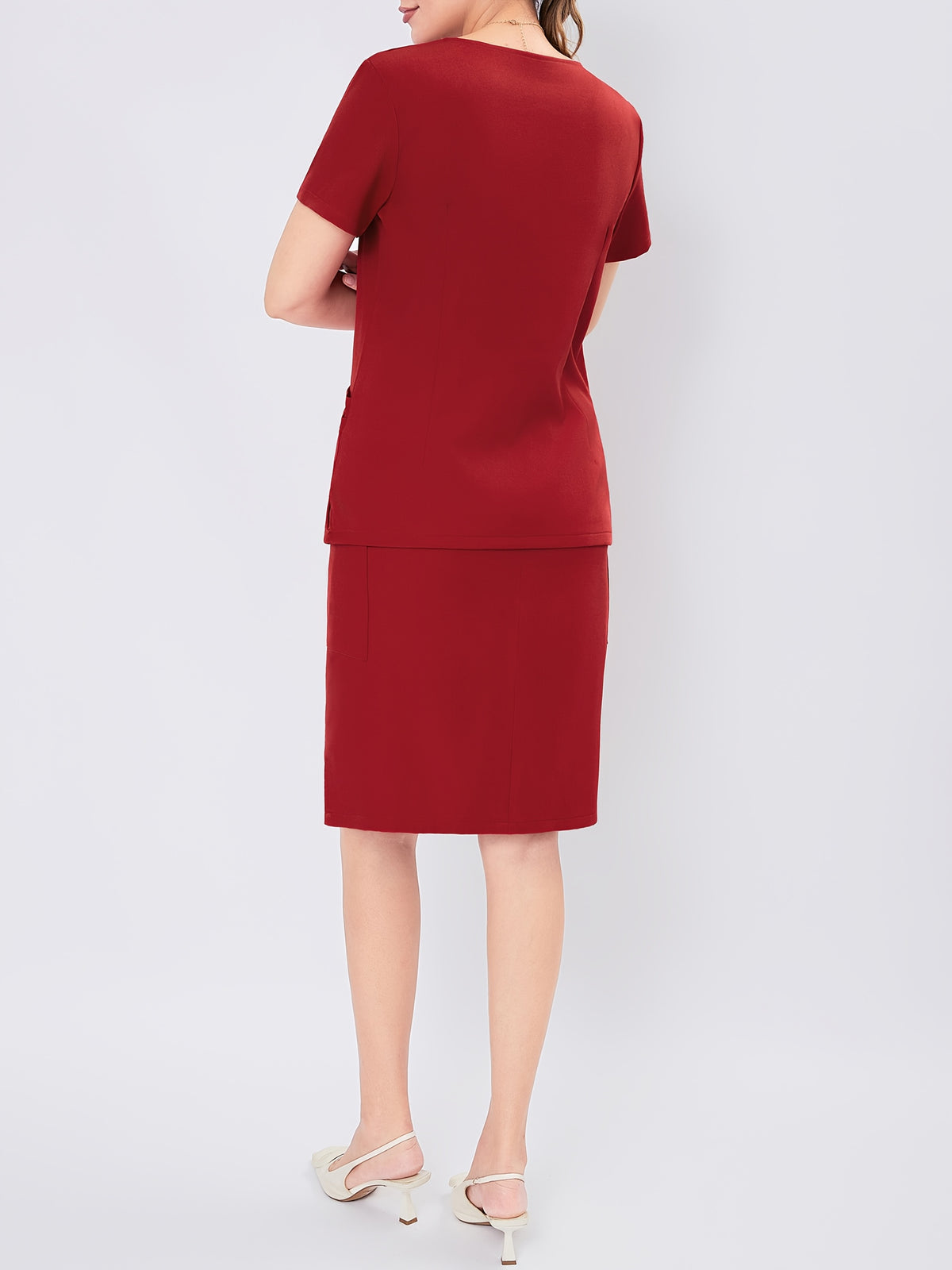 Women's V-Neck Scrub Set Short Sleeve Medical Uniform Beauty Salon Polyester Solid Color Top & Skirt with Pockets