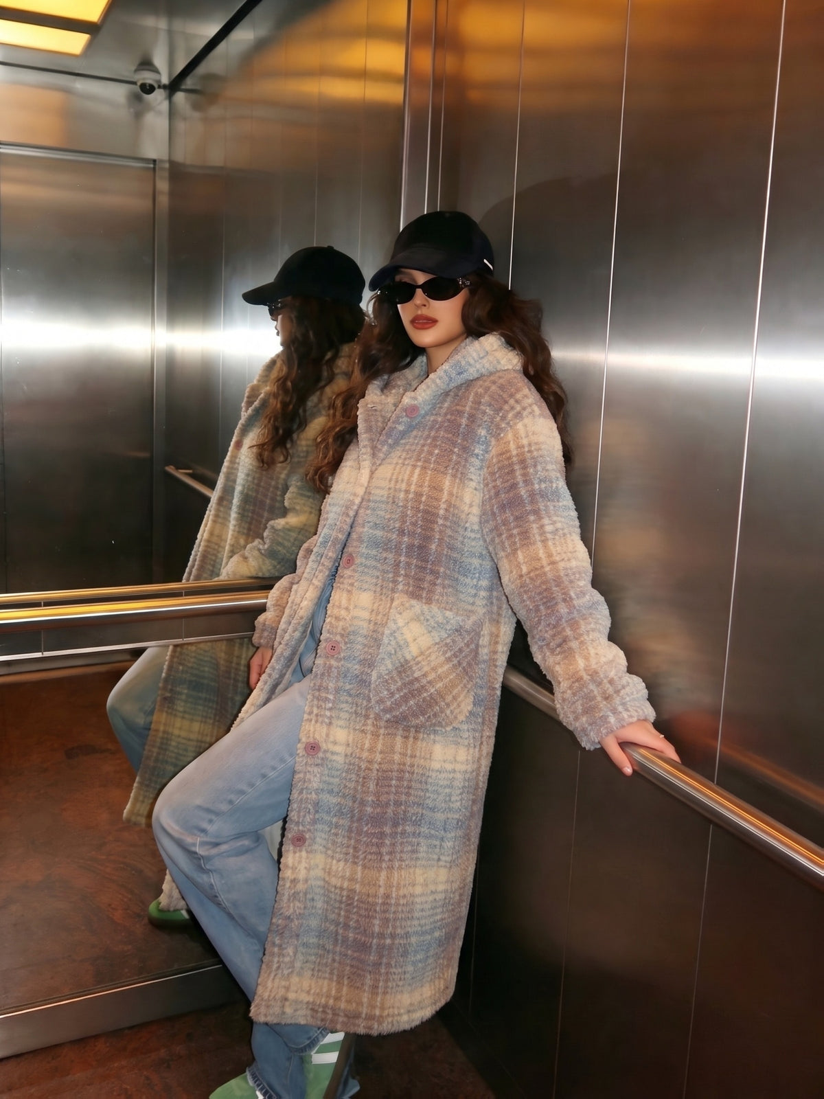 Two-Tone Plaid Hooded Jacket Women Long Thickened Warm Winter Coat Zip Up Sweatshirt Home Fleece Outerwear Multi Color S-XL Gray Pink Black Grid