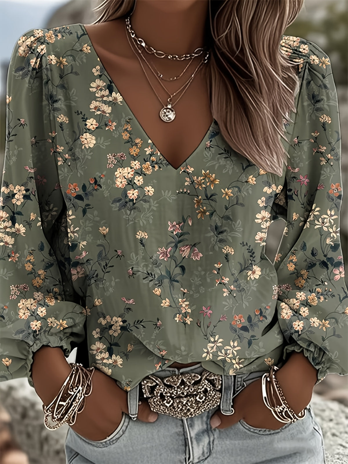 Vintage Western Floral Print V-Neck Blouse Women Casual Retro Short Sleeve Lightweight Top