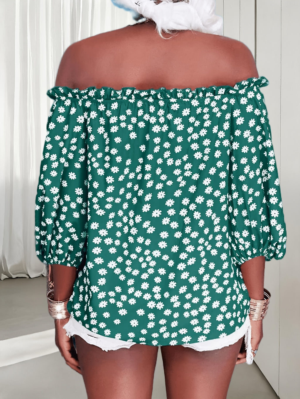 Floral Off Shoulder Chiffon Blouse Women 3/4 Sleeve Casual Summer Top Shirt 10 Colors S-XXL