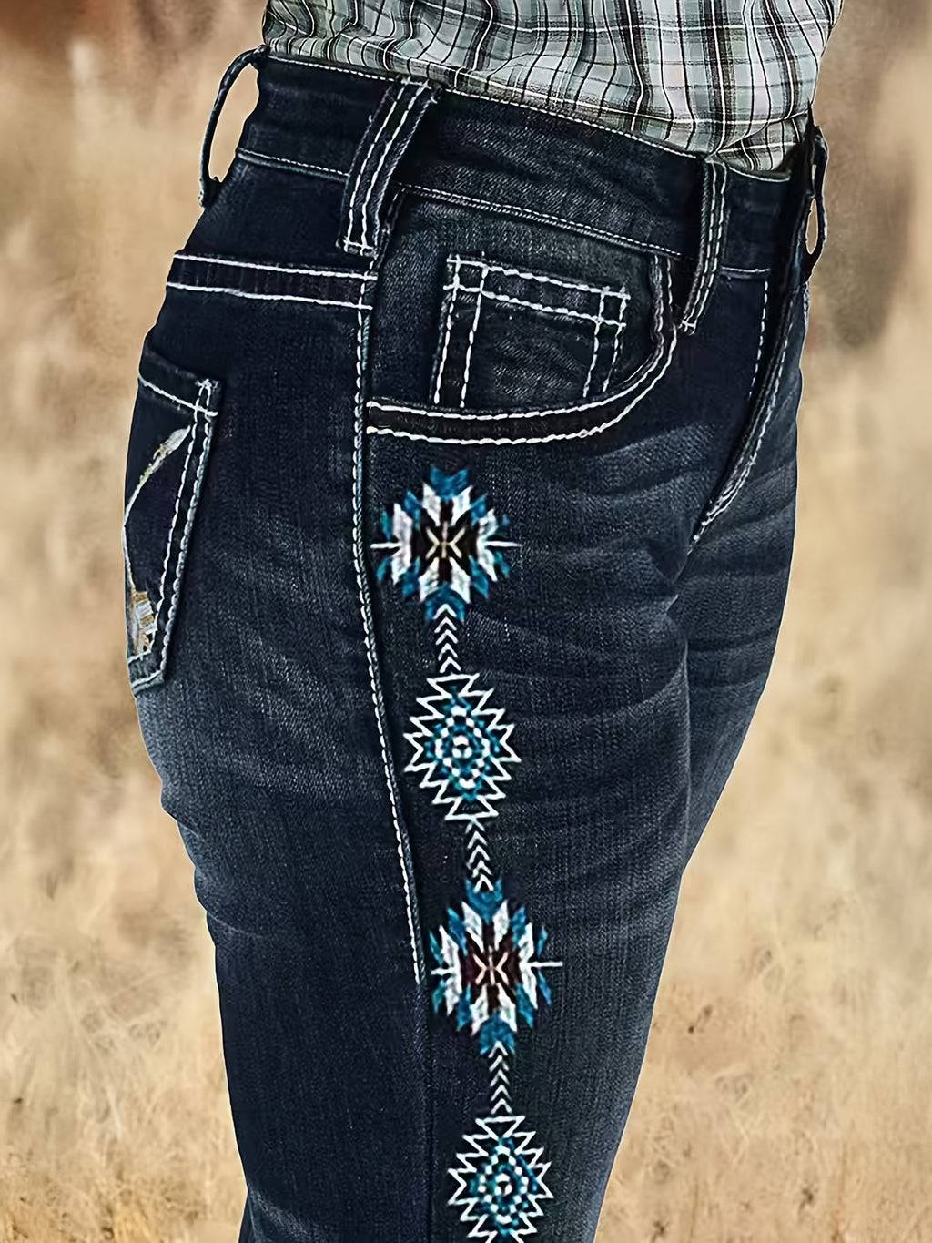 Flare Jeans Women Embroidered Mid Rise Bell Bottom Stretch Denim Floral Geometric Print Blue Wash Casual All Season Boho Pants
