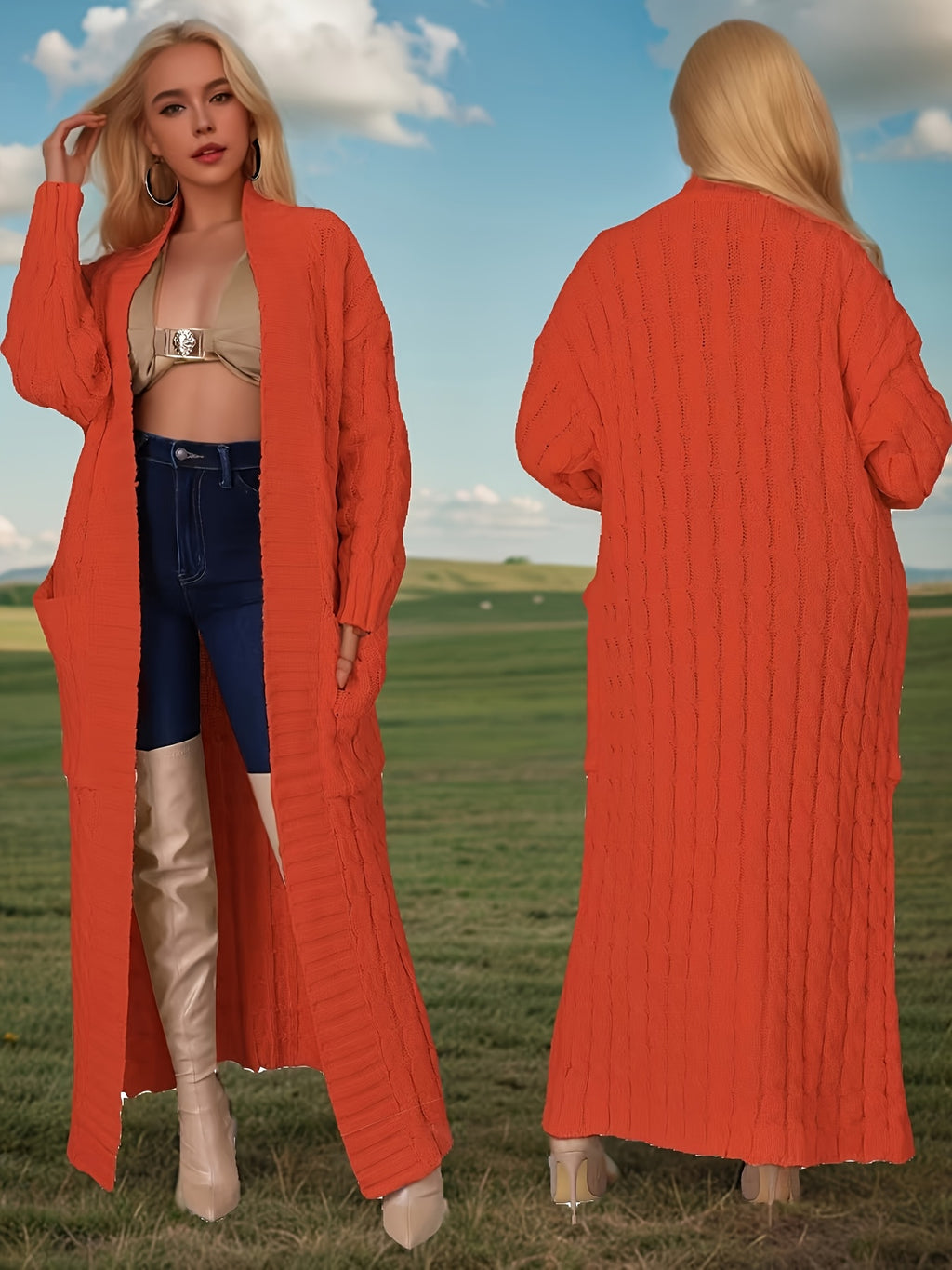Longline Cardigan Women Oversized Drop Shoulder Open Front Knit Coat | Solid Color Textured Baggy Sweater with Pockets for Fall Winter Daily Wear