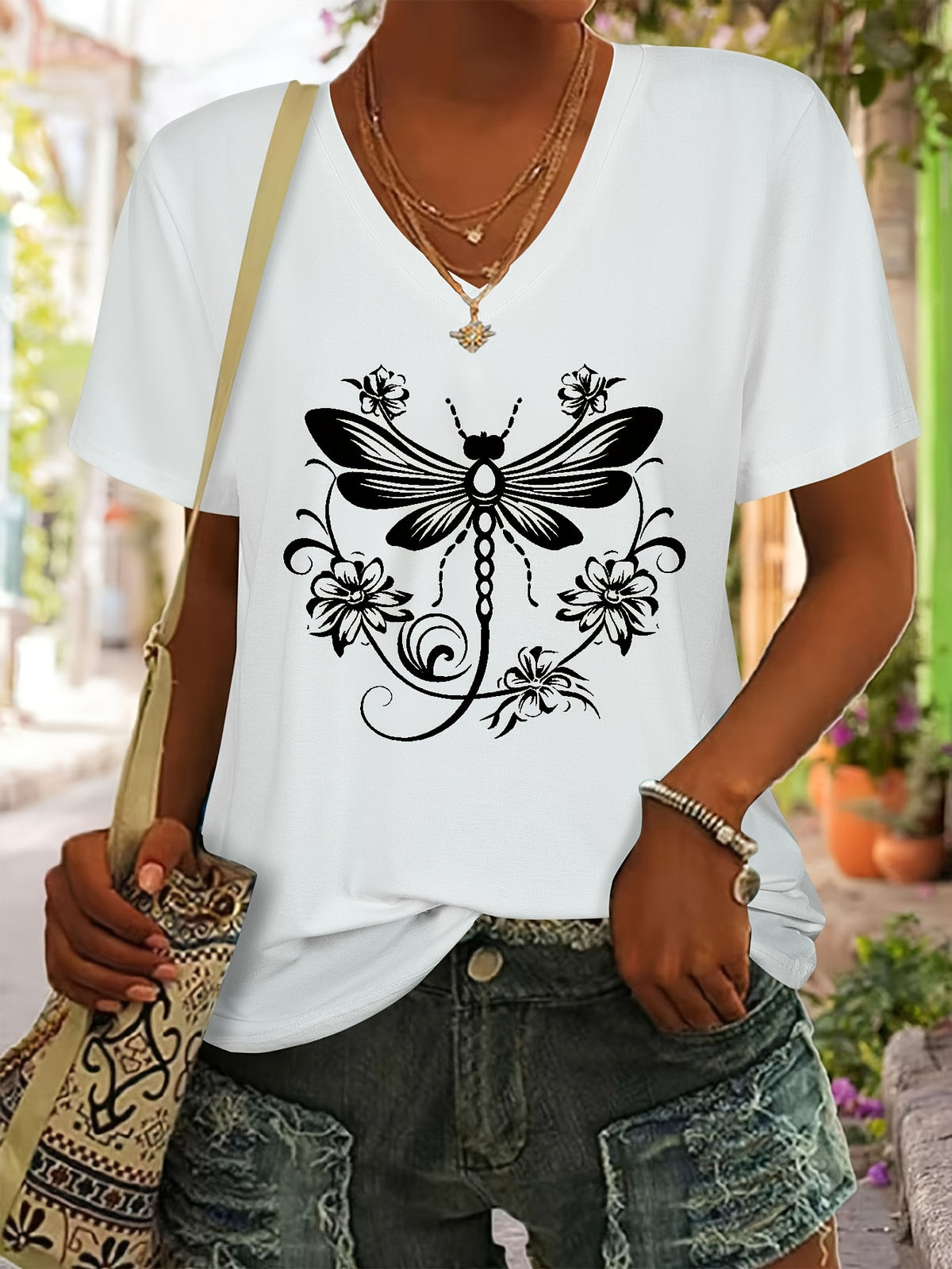 Dragonfly Print V-Neck T-Shirt for Women - Short Sleeve Casual Applique Top Spring Summer Soft Stretch Tee Gift for Her