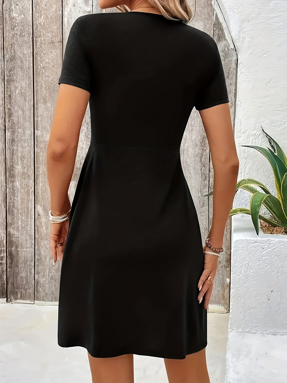 V-Neck Twist A-Line Dress Women Short Sleeve Knit Solid Color Elegant Casual Spring Summer Swing Dress Soft Stretch Black S-XXL