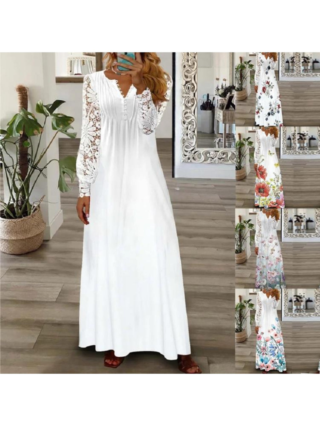Women's Bohemian White Lace Long Dress V-Neck Long Sleeve High Waist A-Line Flowing Hem Romantic Date Beach Dress