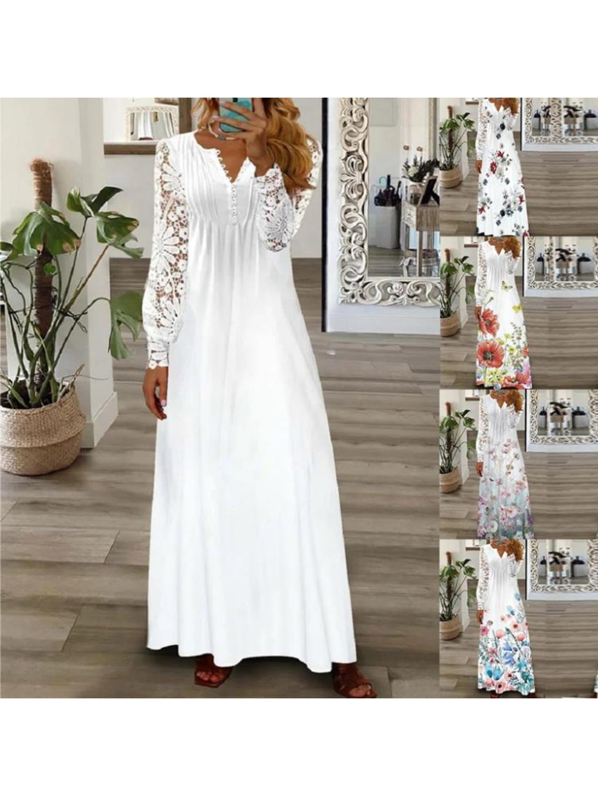 Women's Bohemian White Lace Long Dress V-Neck Long Sleeve High Waist A-Line Flowing Hem Romantic Date Beach Dress