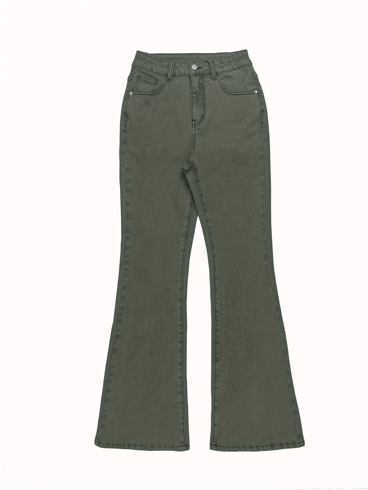 High Waist Stretch Flare Jeans Women Wide Leg Pants with Pockets – Solid Color Street Style, All-Season Comfortable Denim, Machine Washable