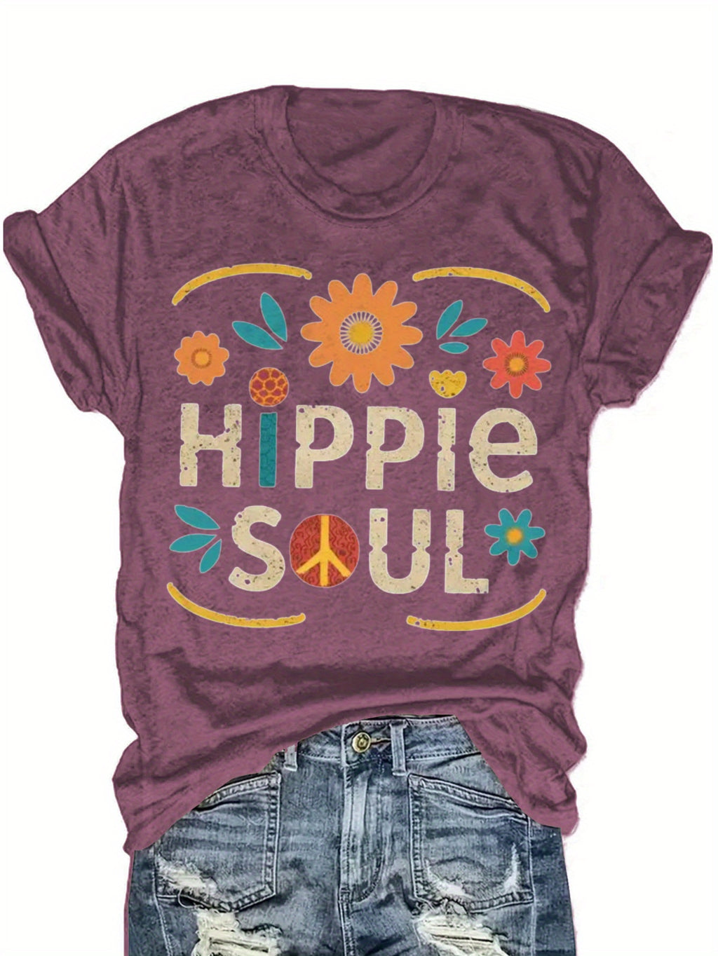 Hippie Soul Boho Graphic Tee Women Vintage Floral Print Festival Casual Comfortable Blend T-Shirt 5 Colors S-XXL