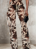 Women's Leopard Print Flare Pants Stretchy Bell Bottom Wide Leg Trousers Side Pockets Casual Spring Summer Fall All Season