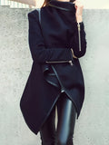 Asymmetric High Neck Jacket Women Solid Color Split Joint Long Sleeve Casual Coat Fall Winter Outerwear Black Navy