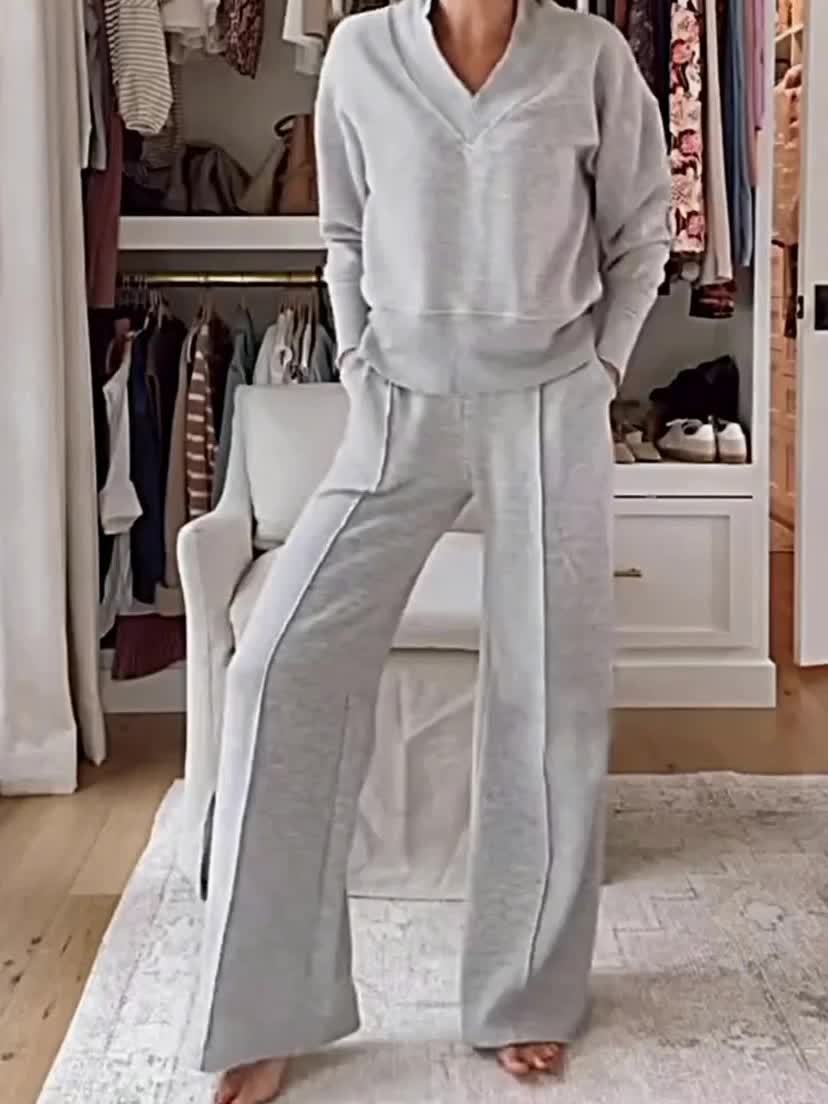 Women's 2 Piece Set V-Neck Long Sleeve Loose Top and Wide Leg Pants Casual Elegant Matching Outfit Spring Fall Fashion