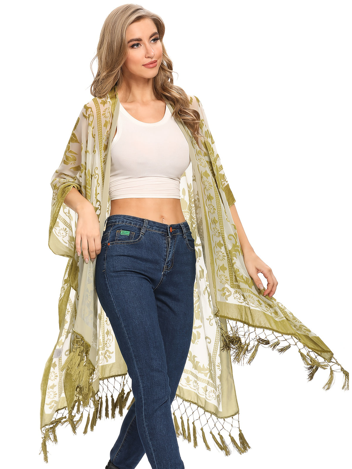 Boho Burnout Velvet Kimono Women Long Cardigan Cover Up Tassel Floral Embroidered One Size