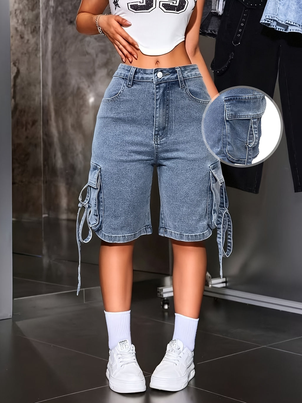 Korean Style Loose Casual Denim Shorts for Women - Drawstring Waist Built-In Zipper, Simple Solid Color Versatile Jean Shorts for Commute Home Outings Spring Summer