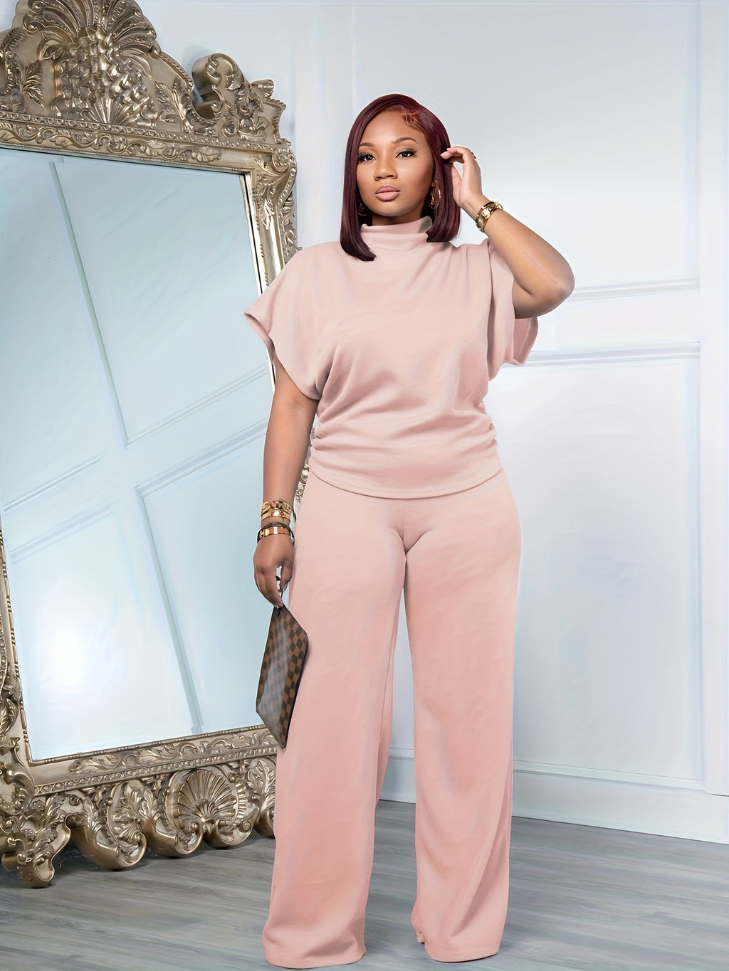 Women's Casual Sports Two-Piece Set Short Sleeve Semi-High Neck Loose Top + Wide-Leg Pants | Athleisure Tracksuit Coord for Spring Summer Daily Wear Lounge