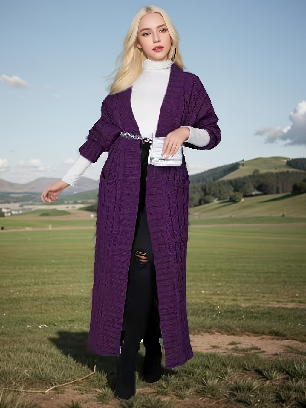 Longline Cardigan Women Oversized Drop Shoulder Open Front Knit Coat | Solid Color Textured Baggy Sweater with Pockets for Fall Winter Daily Wear