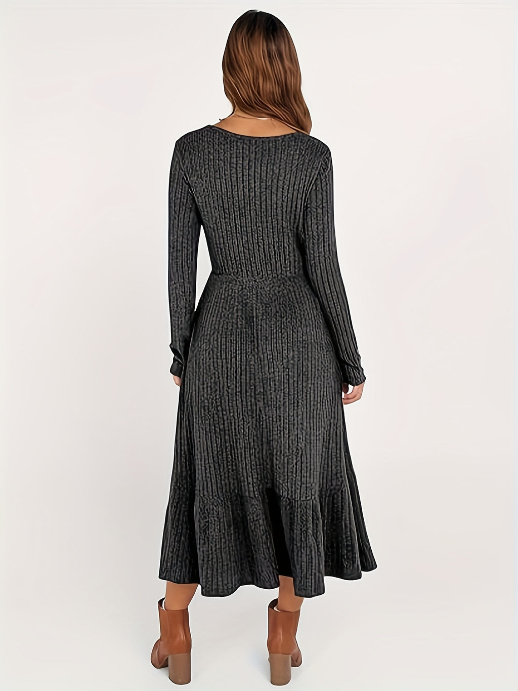 Ribbed Knit Maxi Dress Women Crew Neck Waist Cinched Pocket Warm Flattering Fall Winter Casual Office Daily Solid Color 100% Polyester