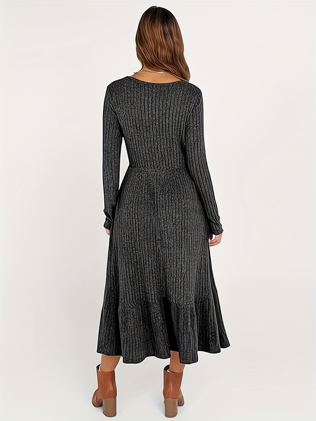 Ribbed Waist-Cinched Maxi Dress for Women | Crew Neck Knit Long Dress with Pockets | Warm Flattering Fall Winter Dress | Solid Color Office Casual Dress Women