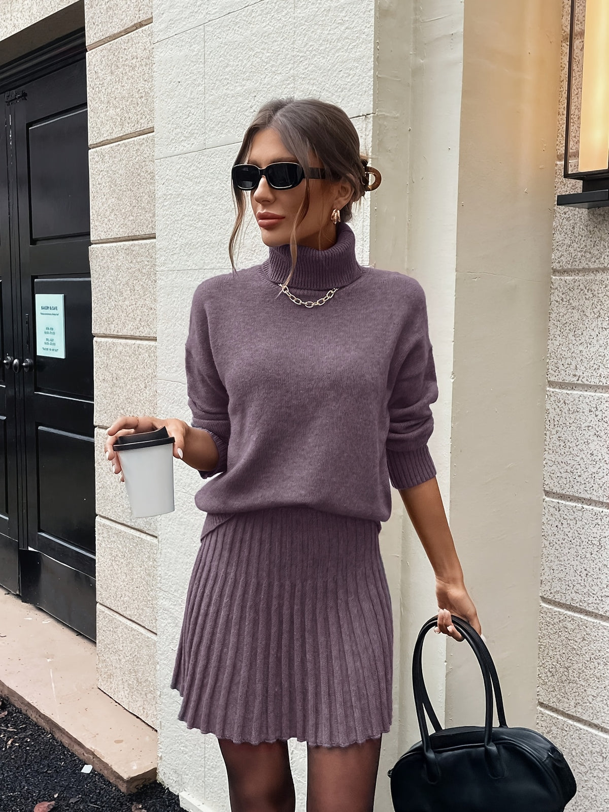 High-Neck Sweater Pleated Skirt Two-Piece Set Women Elegant Drop Shoulder Long Sleeve | Chic Knit Top + Pleated Skirt Co-Ord for Fall Winter Office & Daily Wear