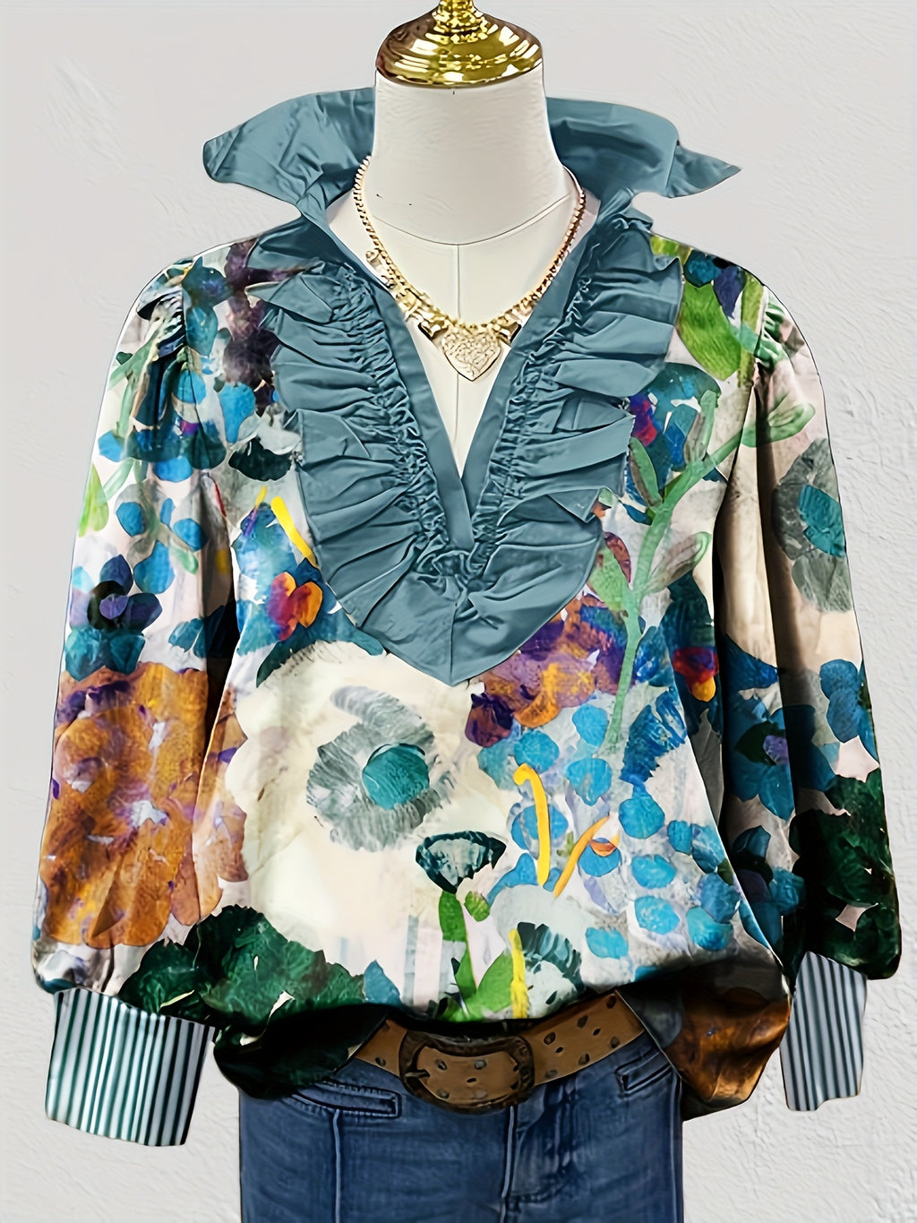 Women's Plant Print Ruffled V-Neck Long Sleeve Blouse Striped Patchwork Vacation Casual Top Spring Summer S-XXL