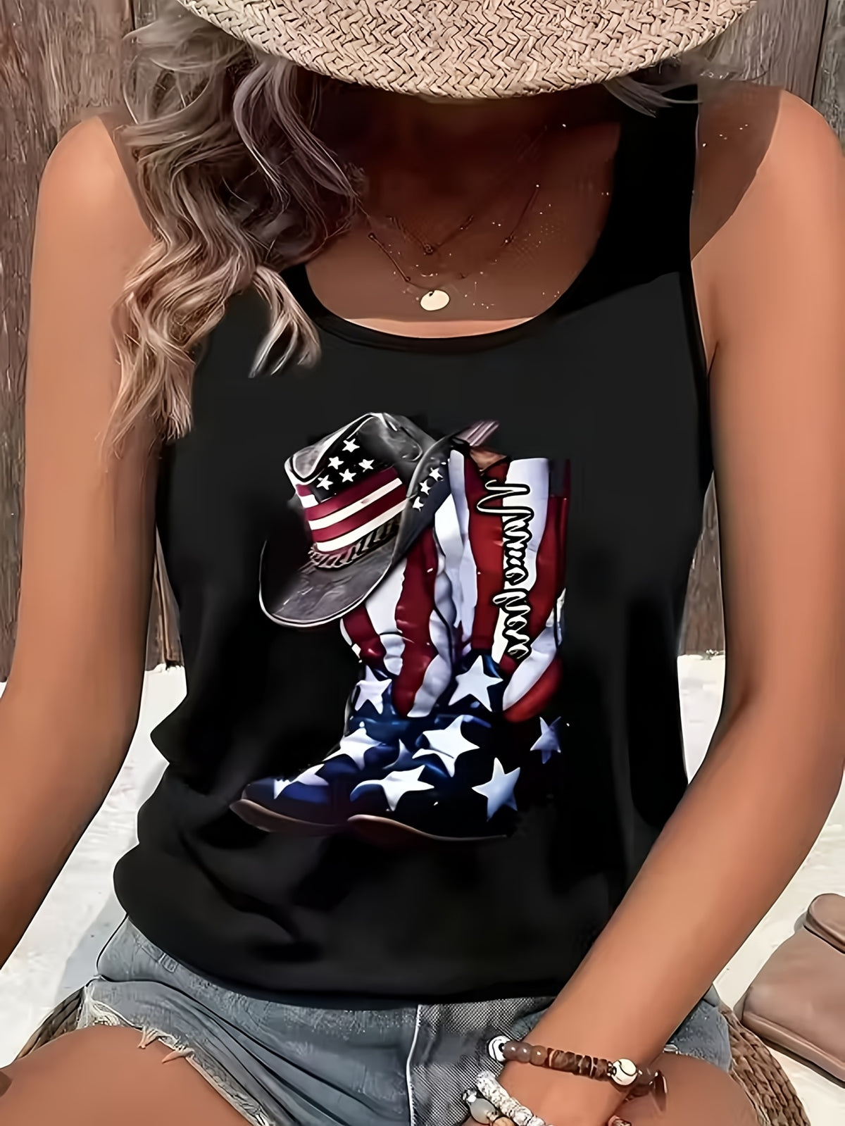 American Flag Cowboy Boots Hat Print Tank Top Women 4th of July Summer Patriotic Tee