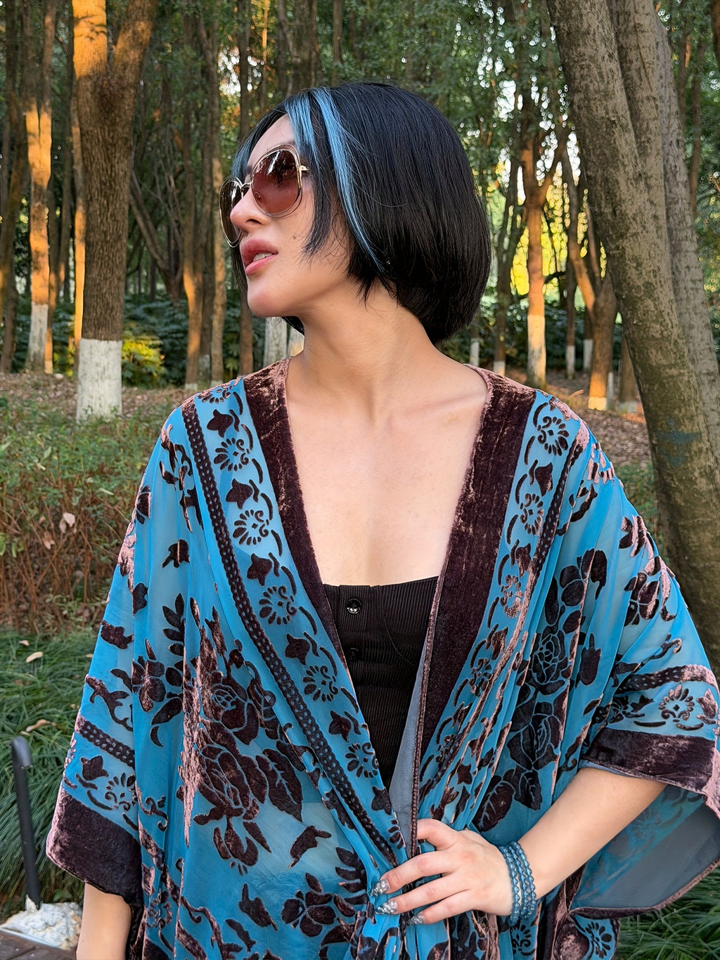 Boho Burnout Velvet Kimono Women Long Cardigan Cover Up Tassel Floral Embroidered One Size