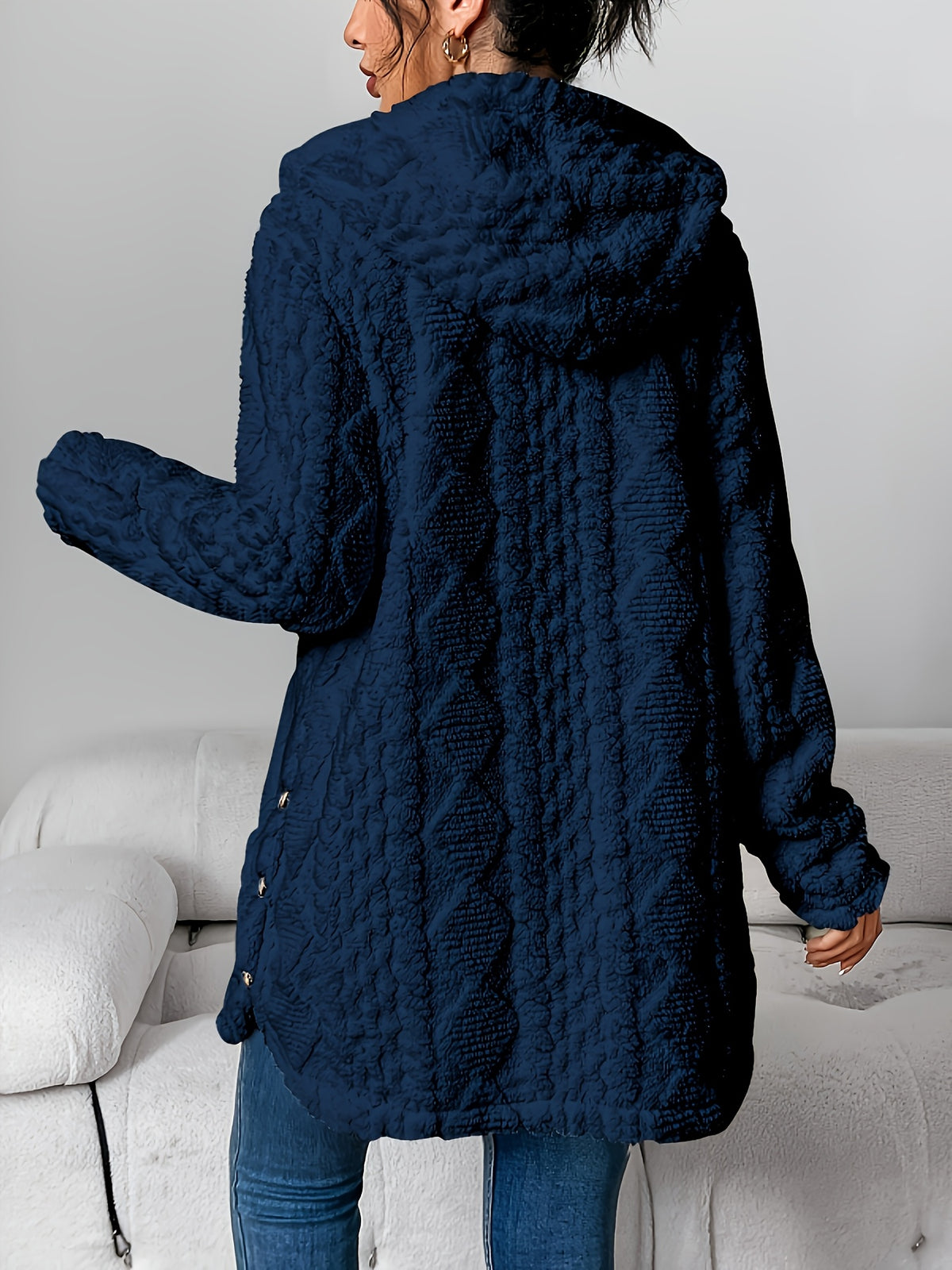 Hooded Fuzzy Coat Women Mid-Length Jacket with Buttons Soft Warm Fleece Fall Winter Outerwear 5 Colors S-XXL