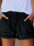 High Waist Fringe Denim Shorts Women Elastic Waist Tassel Hem Casual Elegant Sexy Daily Fashion Jean Shorts