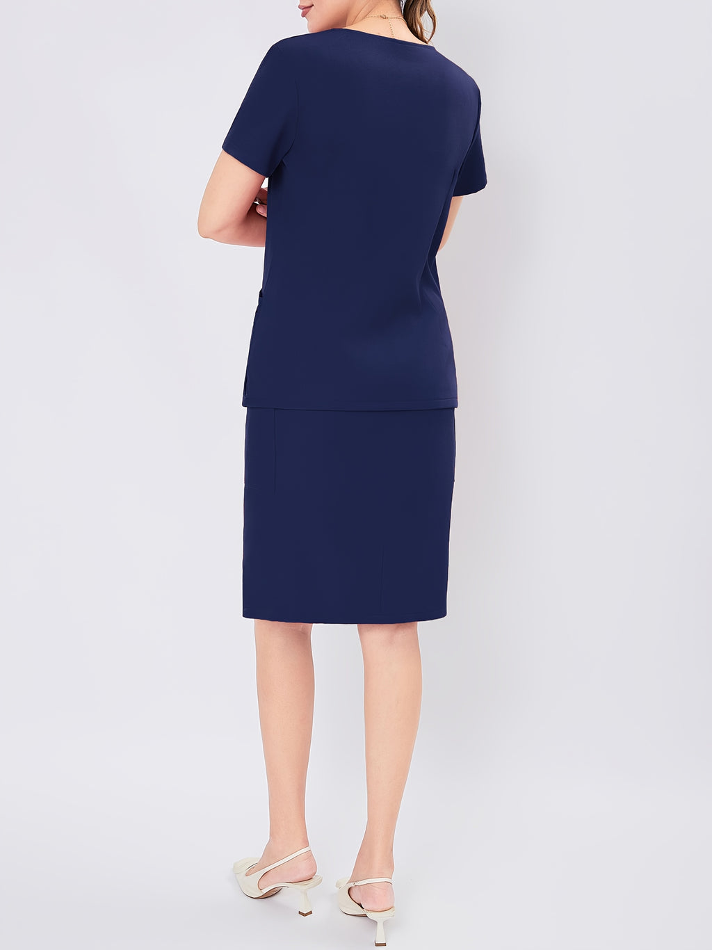 Women's V-Neck Scrub Set Short Sleeve Medical Uniform Beauty Salon Polyester Solid Color Top & Skirt with Pockets