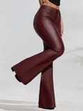 Women's High Waist Stretch Flare Jeans Dark Red Bell Bottom Denim Pants Zipper Button Casual Year-Round