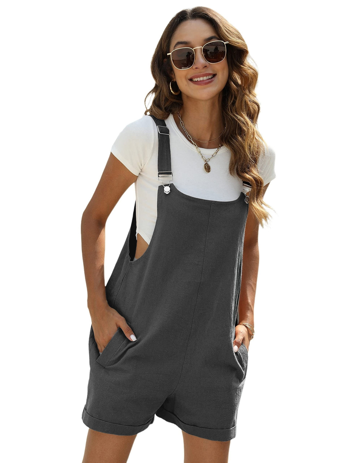 Women Sleeveless Linen Blend Jumpsuit Wide Leg Overalls Shorts with Pockets Casual Spring Fall