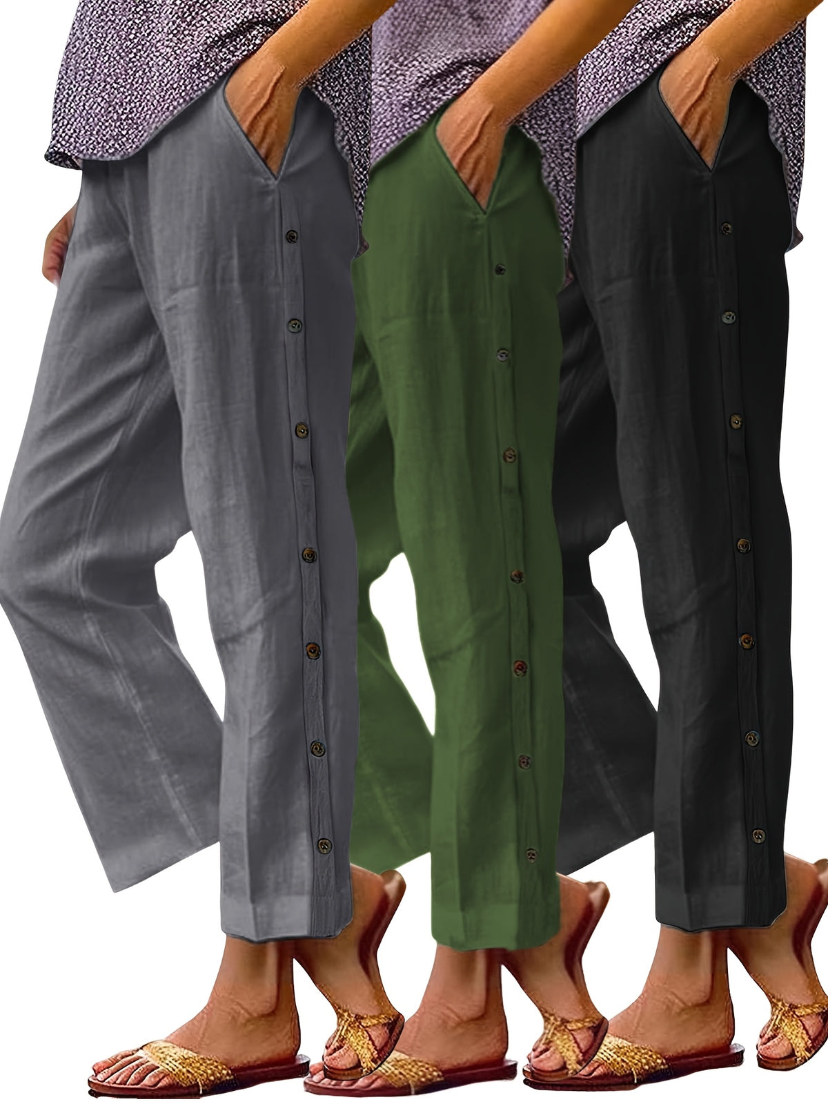 High Waist Straight Leg Cropped Pants Women Loose Casual 3pcs Set Multi-Color S-XXL