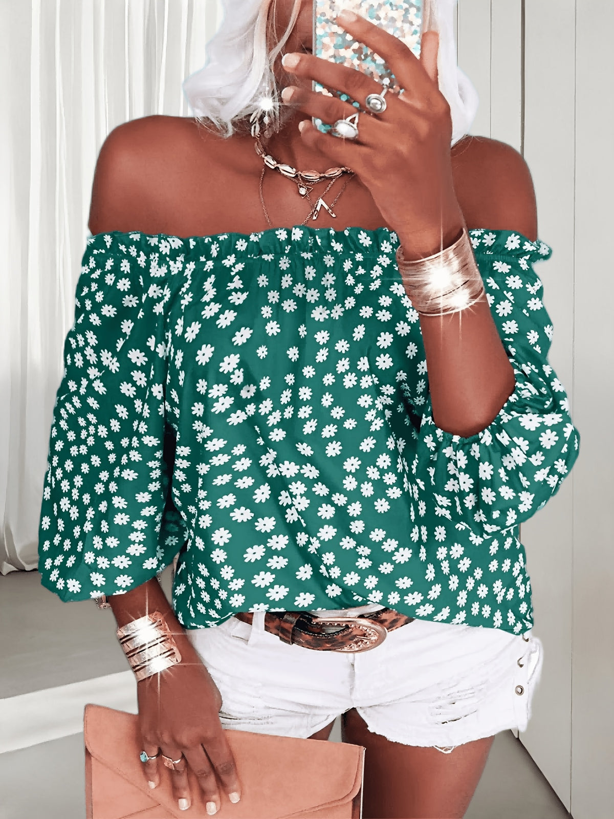 Floral Off Shoulder Chiffon Blouse Women 3/4 Sleeve Casual Summer Top Shirt 10 Colors S-XXL