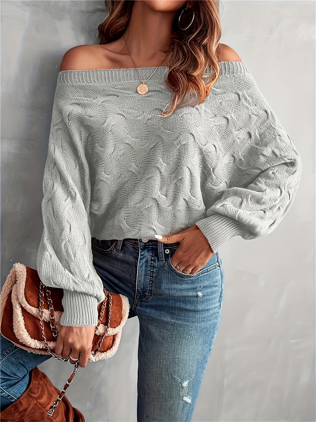 Off Shoulder Batwing Sleeve Knit Sweater Women Solid Green Oversized Pullover Top - Casual Relaxed Fit All Season Knit