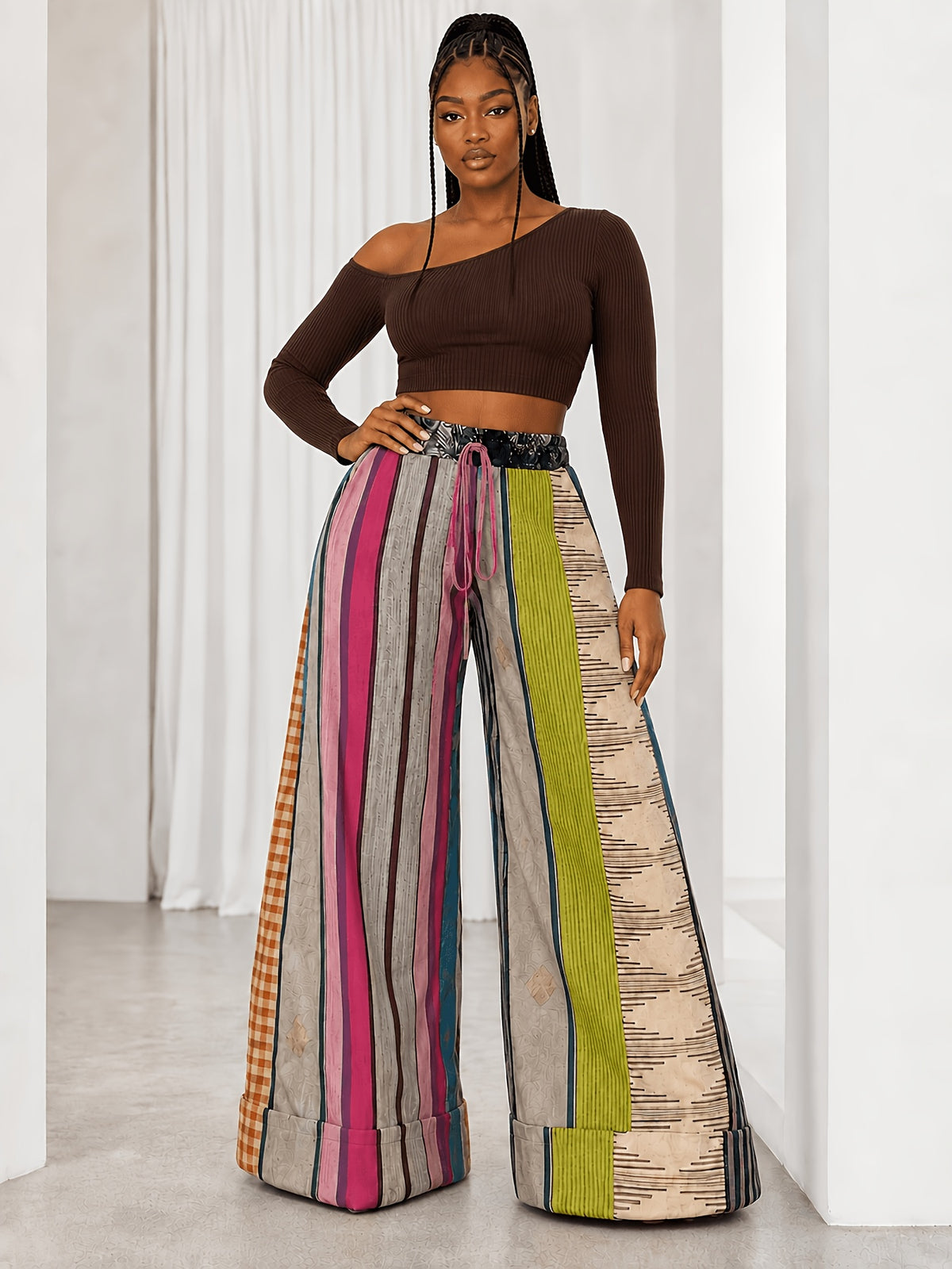Colorful Stripe Wide Leg Pants Women Gothic Halloween Casual Multicolor Trousers Fall Winter S-XXL