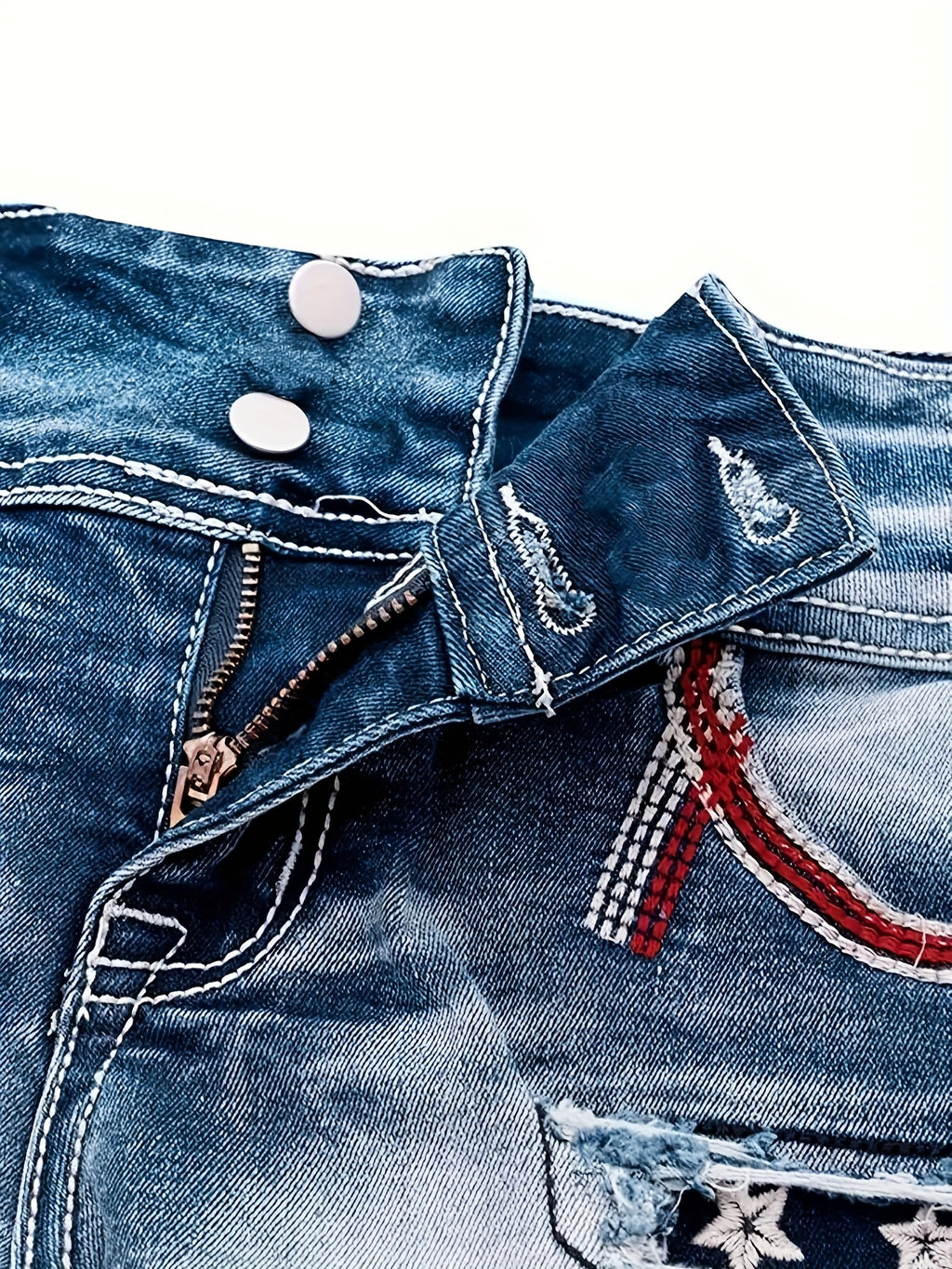 Stretch Denim Shorts for Women - Retro Color Block Embroidery Mid Rise Slim Fit, Built-In Zipper Machine Washable Cotton Blue Casual Jean Shorts for Spring Summer