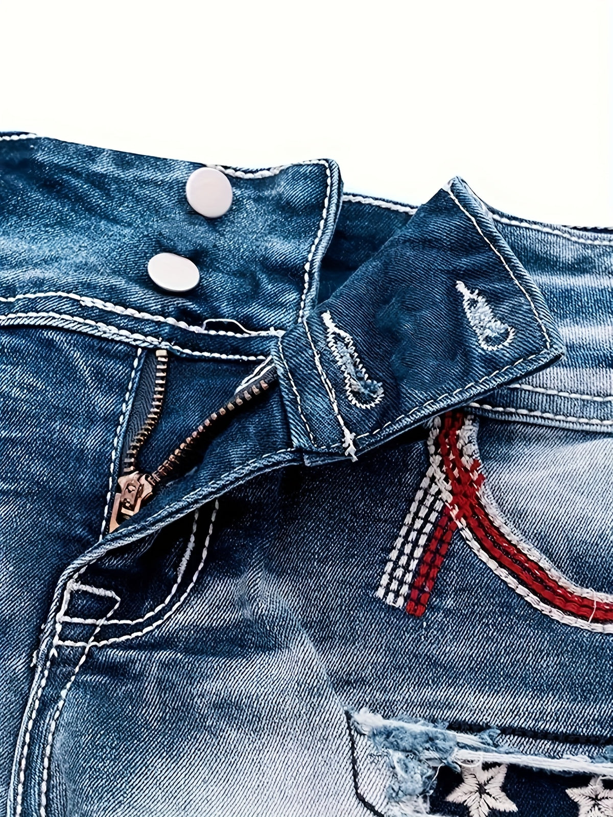 Stretch Denim Shorts for Women - Retro Color Block Embroidery Mid Rise Slim Fit, Built-In Zipper Machine Washable Cotton Blue Casual Jean Shorts for Spring Summer