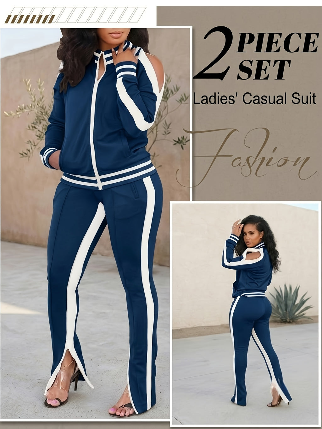 Color Block Off-Shoulder Tracksuit Set for Women – 2-Piece Zip Cuff Sweatshirt & Sweatpants Casual Matching Outfit, Lightweight Breathable Jogger Set