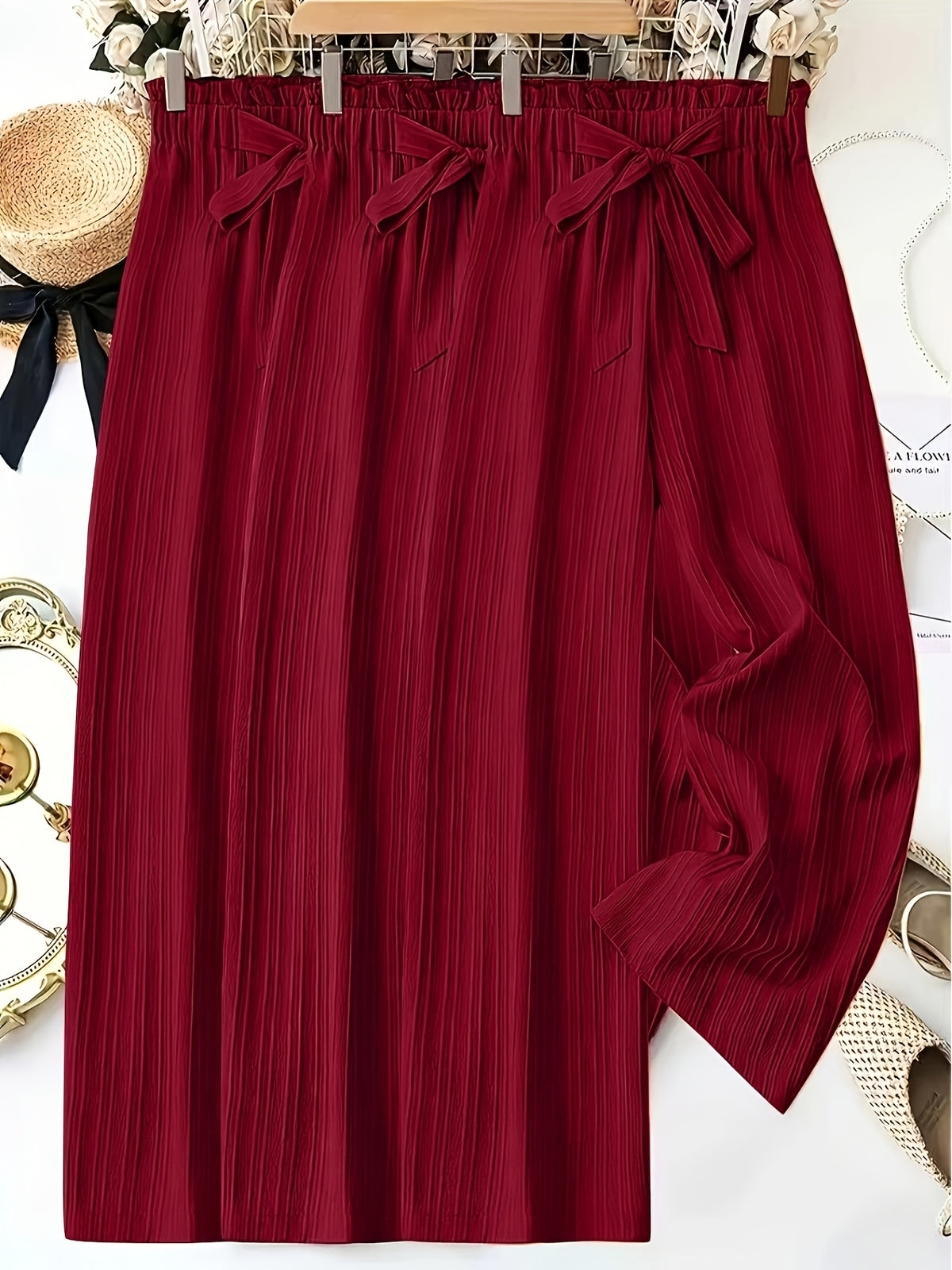 Pleated Wide Leg Pants Women 3 Pack Bow Elastic Waist Loose Straight Leg Long Trousers Spring Summer Daily Commute Casual Versatile S-XXL