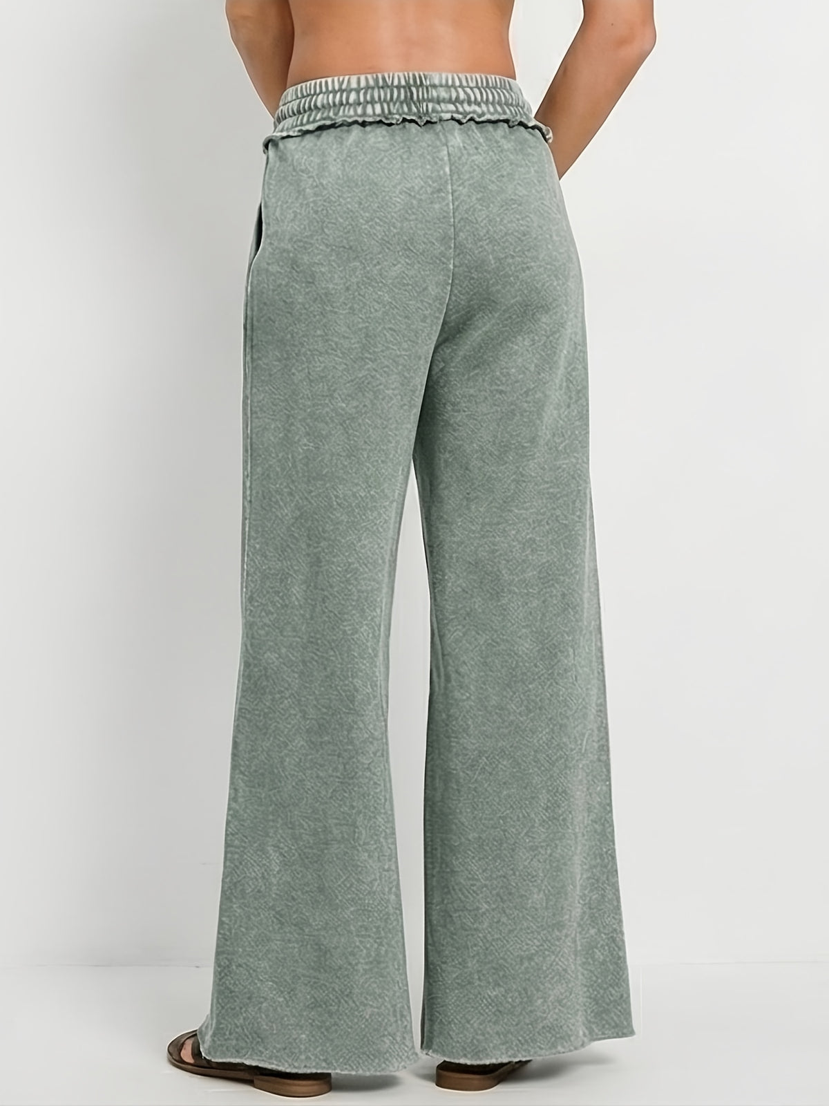 Acid Wash Palazzo Sweatpants Women High Waist Drawstring Wide Leg Pants Pockets Black Blue Sage Green