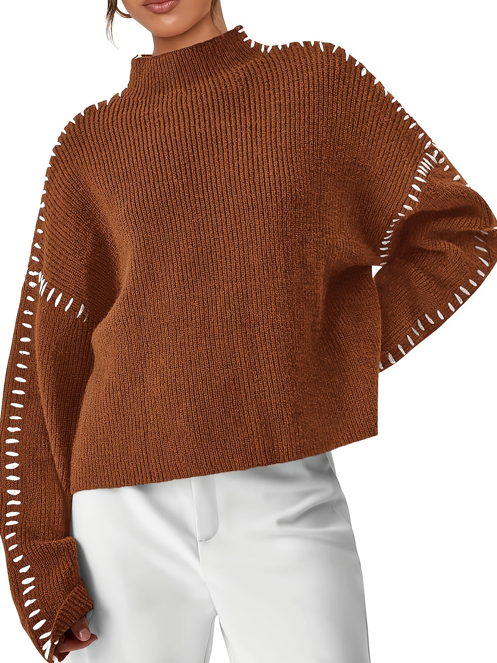 Chunky Knit Oversized Pullover Sweater for Women – Thick Warm Round Neck Long Sleeve Loose Casual Top for Autumn & Winter, Solid Color