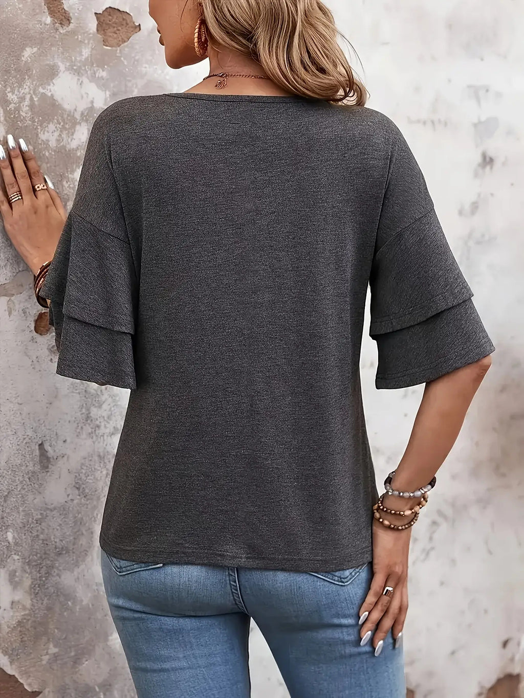 Ruffle Sleeve V-Neck Top Women Layered Tiered Split Back Cross Front Casual Blouse Lightweight Breathable Spring Summer Fall S-XXL