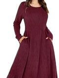 Ribbed Knit Maxi Dress Women Crew Neck Waist Cinched Pocket Warm Flattering Fall Winter Casual Office Daily Solid Color 100% Polyester