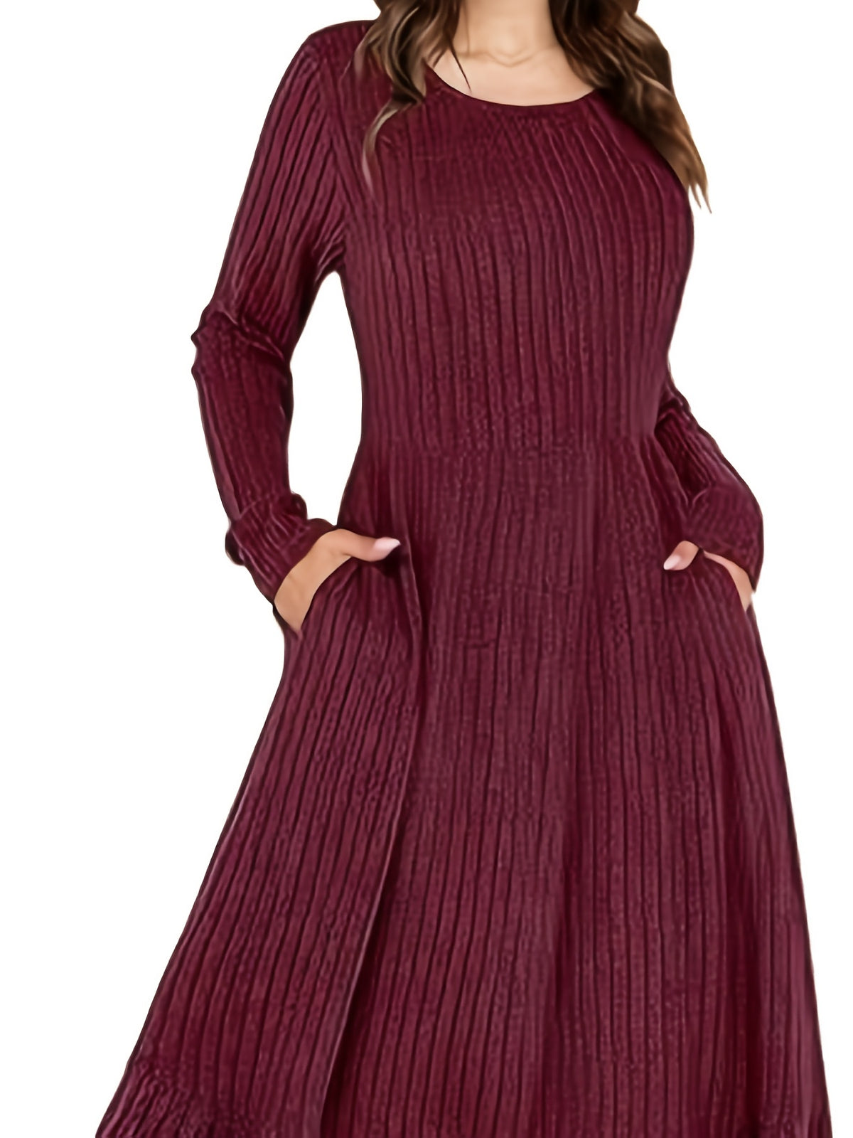 Ribbed Waist-Cinched Maxi Dress for Women | Crew Neck Knit Long Dress with Pockets | Warm Flattering Fall Winter Dress | Solid Color Office Casual Dress Women