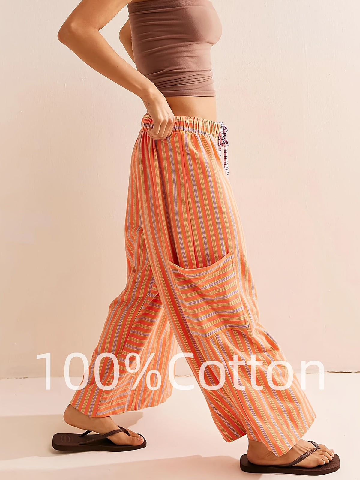Striped Wide Leg Pants for Women – Horizontal Stripe Elastic Drawstring Waist Side Pockets, Casual Lounge Trousers Machine Washable Spring Summer Warm Weather Airy Comfortable Bottoms S-XXL