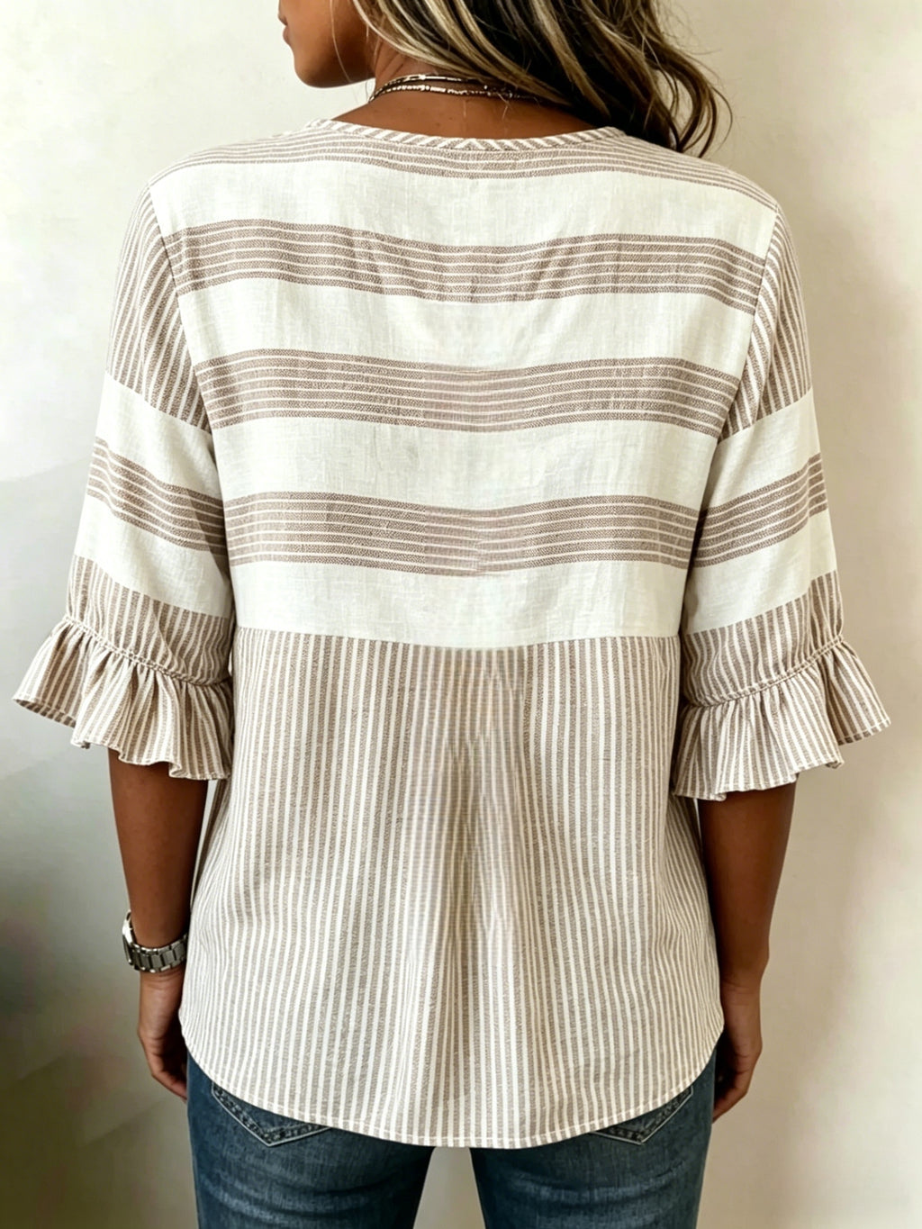 Striped V-Neck Blouse Women Ruffle 3/4 Sleeve Loose Fit Tunic Top Lightweight Linen Button Detail Summer Shirt S-2XL