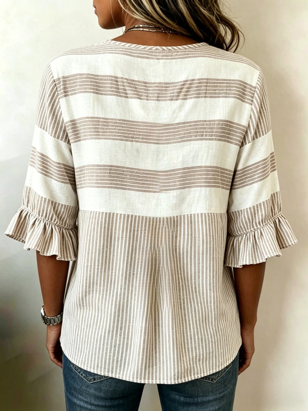 Striped V-Neck Blouse Women Ruffle 3/4 Sleeve Loose Fit Tunic Top Lightweight Linen Button Detail Summer Shirt S-2XL