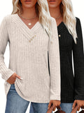 Women Colorful V Neck Button Pullover Sweater Loose Long Sleeve Knit Top Casual Everyday Layering Piece Fall Winter Cropped or Long Length