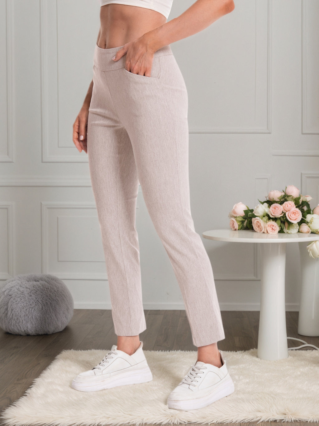Stretch Ankle Pants Women High Rise Pull-On Straight Leg Slim Fit Work Office Travel Blush Pink Surf Black